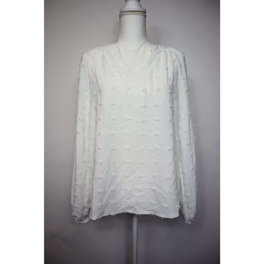 ePretty Women's White Pom Pom V-Neck Blouse Size L